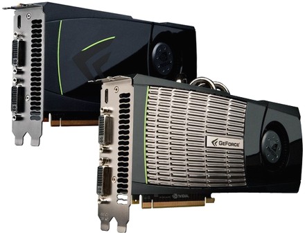 Видеокарты на базе GeForce GTX 470 (вверху) и GTX 480 (внизу)