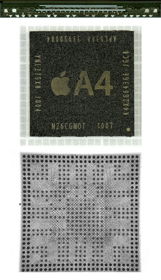 Процессор Apple A4: вид в разрезе, сверху и снизу