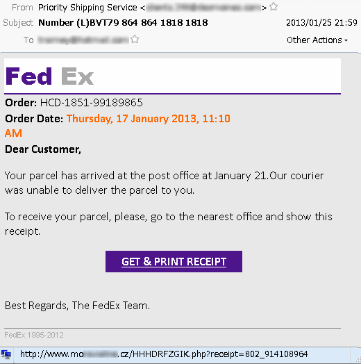 Поддельные электронные письма от FedEx, рассылавшиеся 21, 25, 26 января 2013 г.