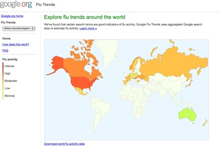С помощью Google Flu можно на карте увидеть предполагаемый уровень распространения гриппа 