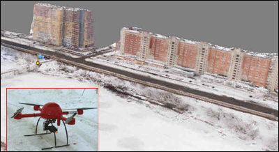 С помощью российского квадрокоптера Гранад ВА-1000 (слева внизу), российско-чешская команда смогла в зимних условиях осуществить трехмерную съемку нескольких районов Нижнего Новгорода