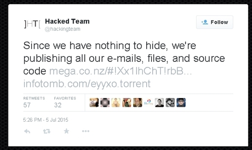 Уведомление хакеров о взломе в официальном аккаунте Hacking Team Подробнее: http://safe.cnews.ru/news/top/index.shtml?2015/07/06/597251