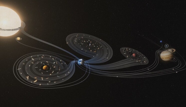 Траектории выпущенных спутников - исследователей нашей Солнечной системы.
