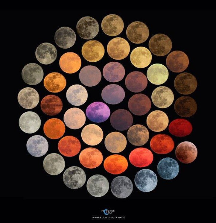 48 цветов Луны. Фото сняты в течение 10 лет.  Астрофотограф: Marcella Giulia Pace
