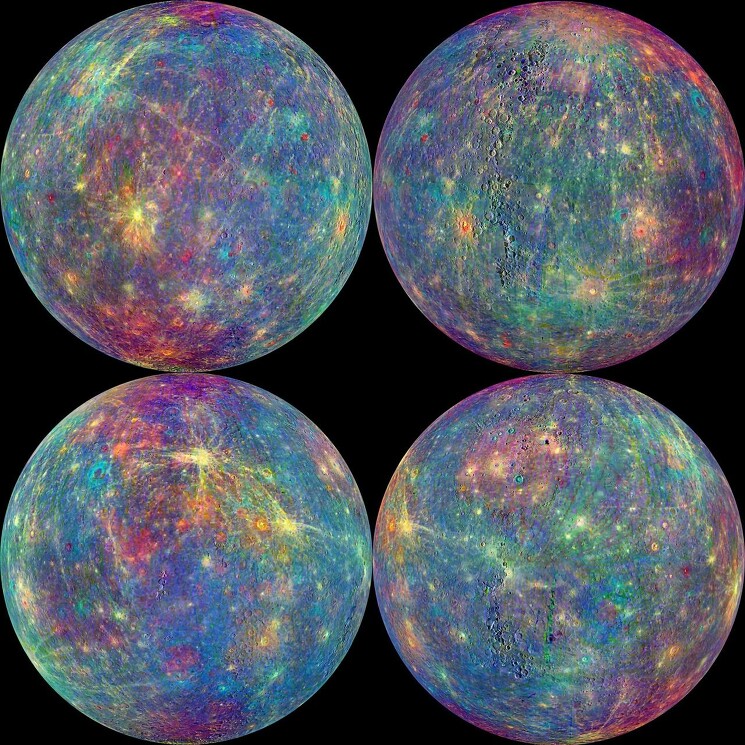 Яркие цвета Меркурия, соответствующие минералогическому составу поверхности планеты.
