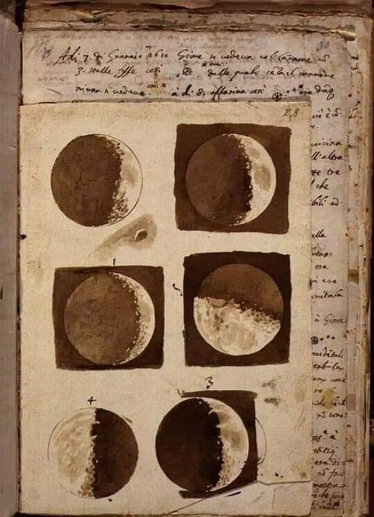 Первые наброски Луны от Галилео Галилея, увидевшего спутник в телескоп.

