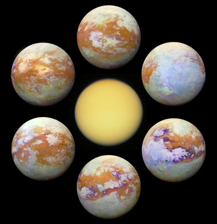 Титан, самый большой спутник Сатурна, окружен плотной атмосферой. Его поверхность действительно трудно увидеть. 

Поверхность Титана лучше видна в инфракрасном свете, он меньше рассеивается и поглощается в атмосфере. В центре находится изображение Титана в видимом свете, а вокруг него – некоторые из самых четких инфракрасных изображений этого спутника. Их сравнение со снимком в видимом свете очень эффектно.
