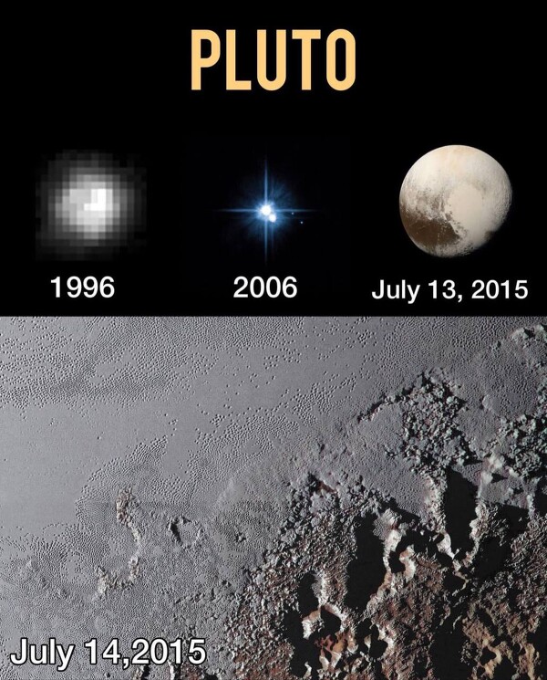 Первые два снимка сделаны телескопом Хаббл, последние два - аппаратом New Horizons
