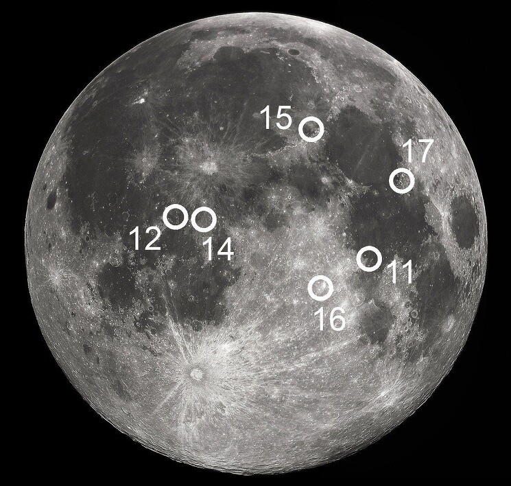 Места первых шагов человека по Луне.

(Цифры - это номера миссий апполонов. Первые 10 миссий были тренировочными и без посадки на Луну.)
