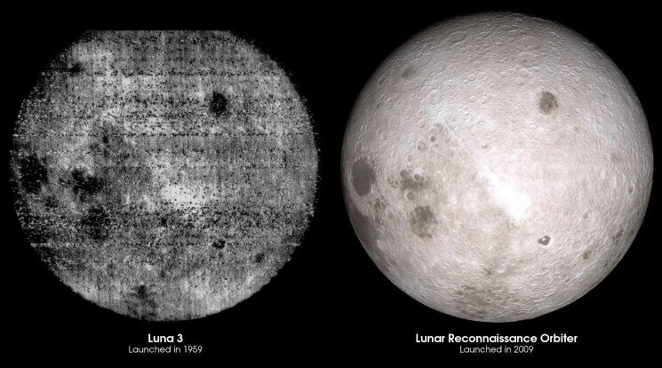 Первое фото обратной стороны Луны и современное изображение. Слева на фото - снимок, который сделал советский аппарат «Луна 3» в октябре 1959 года. Он не отличается хорошим качеством, но именно благодаря ему человечество наконец-то узнало, как выглядит невидимая с Земли сторона Луны.

Справа - изображение, составленное из множества снимков аппарата Lunar Reconnaissance Orbiter, который в настоящий момент обращается вокруг Луны.
