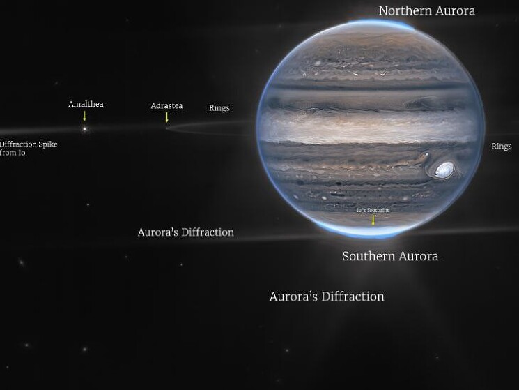 NASA показало летом 2022 года свежие снимки Юпитера, сделанные при помощи телескопа Джеймса Уэбба. На кадрах через разные фильтры можно увидеть полярные сияния, туманы и штормы на поверхности планеты.
