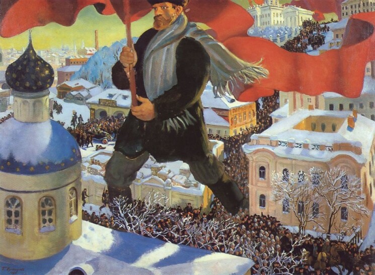 "Большевик", Борис Кустодиев, 1920 год.

Исполинский мужик в валенках, тулупе, шапке и с красным знаменем - это сама революция, вырвавшаяся на улицы.
Ее ничем не остановить, от нее не спрятаться, и она в итоге раздавит и уничтожит все на своем пути.
