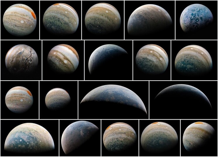 Коллаж из 19 снимков Юпитера.
