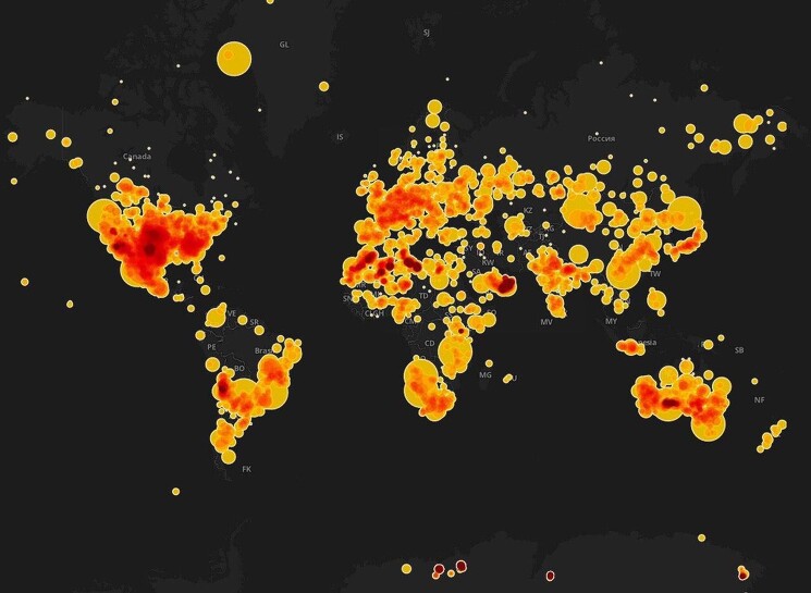Карта частоты падения метеоритов на нашей планете. Бордово-красный цвет обозначает наибольшую частоту попадания метеоритов.
