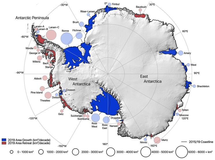 Площадь шельфового ледника Антарктики с 2009 по 2019 год выросла на 5300 кв. км, свидетельствуют спутниковые данные. Синий цвет показывает прирост ледового панциря, а красный – сокращение. 

