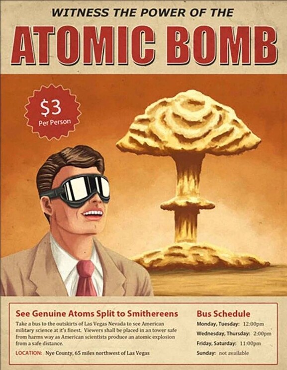 Плакат 1950-х годов, рекламирующий экскурсии на ядерные испытания недалеко от Лас-Вегаса, штат Невада.
