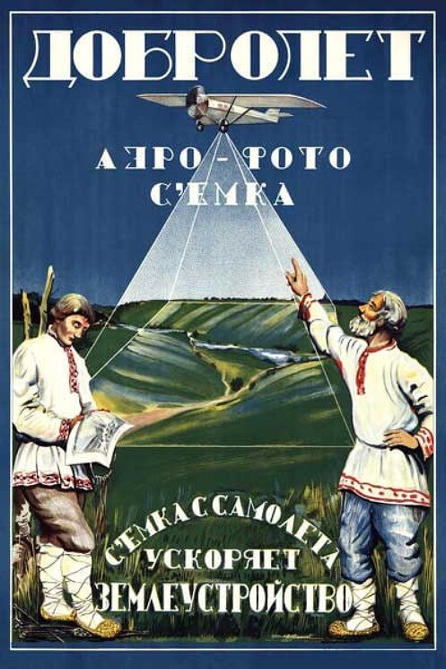 «Добролёт. Аэрофотосъёмка. Съёмка с самолёта ускоряет землеустройство».
Советский рекламный плакат.
Обуланский М., 1925 год.
