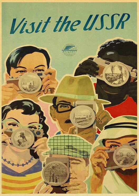 "Visit the USSR"

Для привлечения иностранных гостей в 1929 году была создана организация «Интурист», которая организовывала для них отдых. В рекламной компании участвовали известные советские иллюстраторы, был придуман слоган «Это не просто путешествие, это поездка в новый мир».

СССР, 1955 г.
ИНТУРИСТ

