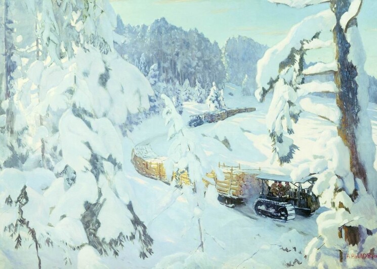 «Трактор на лесных работах», 1934 год.
Художник — Рылов Аркадий Александрович (1870 - 1939).
