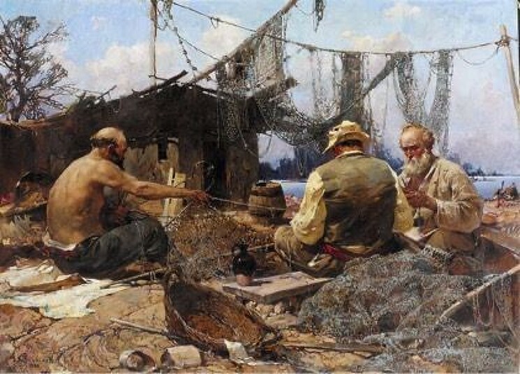 "Рыбаки, ремонтирующие сети", 1944 г. 

Колесников Степан Федорович

Холст, масло 