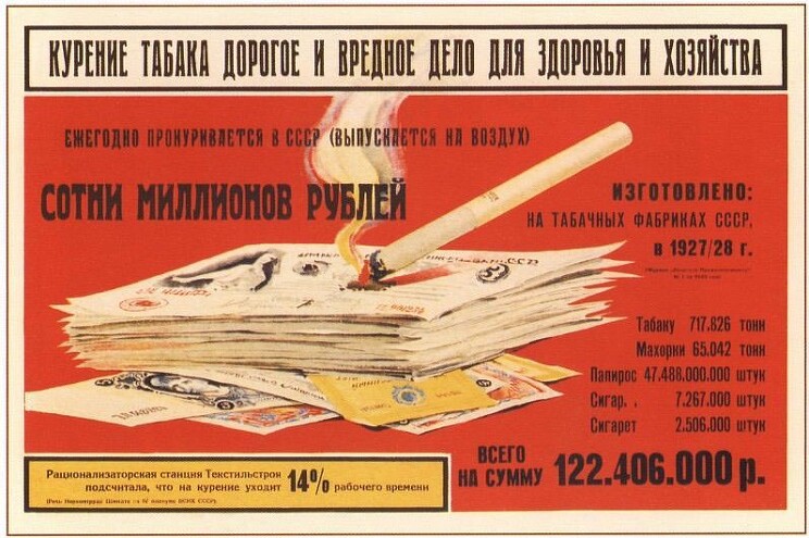 "Курение табака дорогое вредное дело для здоровья и хозяйстава..."

(Неизвестный художник) 1930 год

