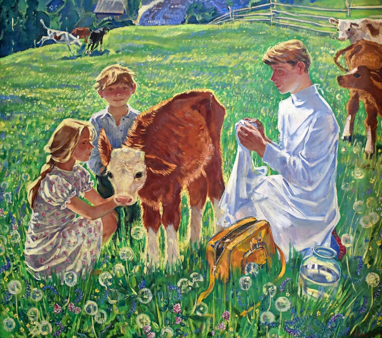 «Практика на ферме», 1977 год. 
Холст, масло; 150 х 165 см.
Художник — Ерёмина Наталья Алексеевна.
