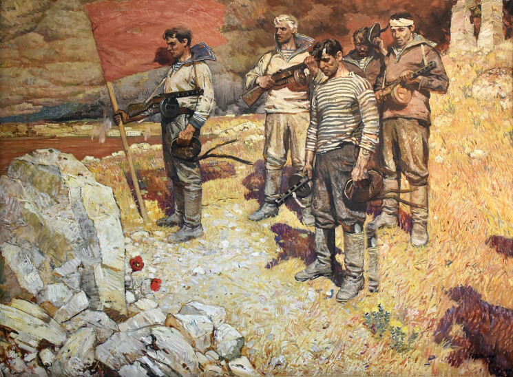 «Во имя Родины», 1973 год. 
Холст, масло; 165 х 220 см.
Художник — Сулименко Пётр Степанович.
