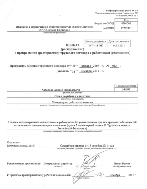 Копия приказа об увольнении Андрея Хабарова
