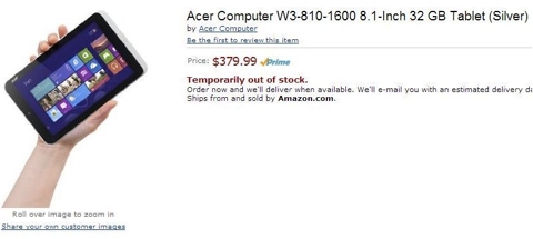 Утечка о Acer Iconia W3 на сайте Amazon