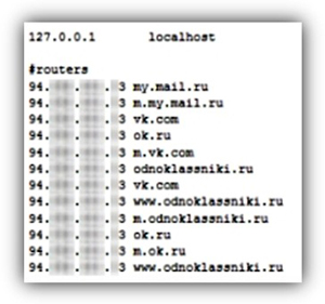 IP-адреса в модифицированном файле hosts