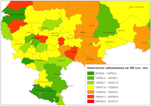  Карта общего количества заболеваемости населения в разрезе субъектов федерации за 2010 г